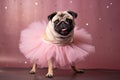 Pug dog ballerina dancer in a tutu on pastel background. Dog dancing in ballerina outfit doing a pirouette. Classic dance,