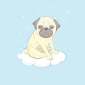Pug dog cartoon illustration. Cute friendly fat chubby fawn sitting pug puppy, smiling with tongue out. Pets, dog lovers Royalty Free Stock Photo