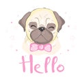 Pug dog cartoon illustration. Cute friendly fat chubby fawn sitting pug puppy, smiling with tongue out. Pets, dog lovers Royalty Free Stock Photo