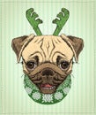 Pug dog christmas portrait, hand drawn illustration with cute pug dog