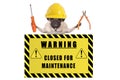 Pug dog with constructor safety helmet holding pliers and screwdriver with yellow warning sign saying closed for maintenance Royalty Free Stock Photo