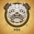 Pug dog face silhouette with gears on old paper texture background. Punk style.