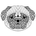 Pug dog head. Tattoo or adult antistress coloring page. Black and white hand drawn doodle for coloring book. Symbol of Chinese New Royalty Free Stock Photo