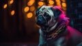 Pug dog looking seriously cool sporting a colorful rainbow cyber goth hairstyle wig - Ai generated