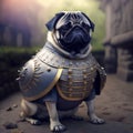 Pug dog in a medieval armor. 3d render illustration.