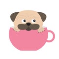 Pug dog mops paw sitting in big pink cup. Cute cartoon character. Flat design. Isolated. White background.