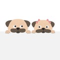 Pug dog mops set. Boy and girl. Cute cartoon character. Flat design. Isolated. White background. Royalty Free Stock Photo