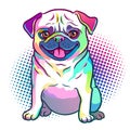 Pug dog pop art style illustration in bright neon rainbow colors