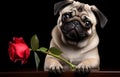 pug dog with red rose in its mouth isolated on dark background Royalty Free Stock Photo