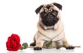 pug dog with red rose in its mouth isolated on white background Royalty Free Stock Photo