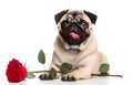 pug dog with red rose in its mouth isolated on white background Royalty Free Stock Photo