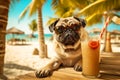 Pug dog is relaxing on the beach with a cocktail. Resort holiday concept with pets. Generative AI