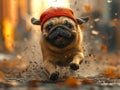 Pug dog running in the rain with red hat and scarf Royalty Free Stock Photo