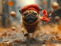 Pug dog running in the rain with scarf and autumn leaf Royalty Free Stock Photo