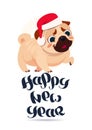 Pug Dog In Santa Hat On Happy New Year Greeting Card Holiday Banner Royalty Free Stock Photo