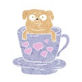 Pug dog sitting in purple cup with heart.