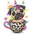 Pug dog with Unicorn horn is sitting in a Cup