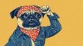 A pug dressed in denim and a red bandana strikes a bold pose, flexing its arm in a display of confidence Royalty Free Stock Photo