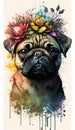 a pug with a flower crown on its head and a paint splattered background is in the foreground of the image, and the pug is looking