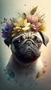 a pug with a flower crown on its head is shown in a digital painting style, with the words, the pug\'s ridd paths Royalty Free Stock Photo