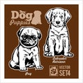 Pug and Labrador Retriever - Dog Puppies. Vector set. Funny dogs puppy pet characters different breads doggy Royalty Free Stock Photo