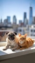 Pug and Orange Tabby Cat Sitting on Windowsill With NYC Skyline View Royalty Free Stock Photo