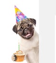 Pug puppy with birthday hat holding cake peeking from behind empty board. isolated on white background Royalty Free Stock Photo