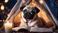 pug puppy with christmas gift A downcast pug puppy gazing out from a whimsical tent made of blankets and fairy lights,