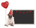 Pug puppy dog with red party hat, sitting next to blank blackboard sign and holding heart shaped balloon, isolated on white b Royalty Free Stock Photo