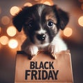 Pug puppy hugs kitten and holds shopping bag with black friday text. isolated on white background Royalty Free Stock Photo