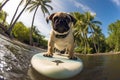 a pug puppy on a surfboard with a gopro camera mounted on front