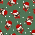 Pug Santa Claus Dog with Red Scarf on Green Background. Vector Illustration Royalty Free Stock Photo