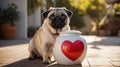 Adorable Pug Dog Sitting Next to Heart-Shaped Jar Royalty Free Stock Photo