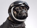 A Pug vintage bike rider wearing Half helmet with Deluxe Riding Glasses with dark brown leather jacket - Studio headshot portrait