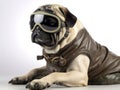 Pug wearing cream color Half helmet with Deluxe Riding Glasses with dark brown leather jacket - Studio headshot portrait