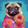Pug wearing Hawaiian shirt with donut illustration imagery.