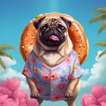 Pug wearing Hawaiian shirt with donut illustration imagery.