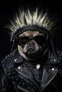 A pug wearing a leather jacket and sunglasses, AI Royalty Free Stock Photo