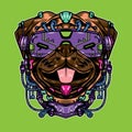 Vector Illustration of pug dog with cool futuristic cyberpunk cartoon style in isolated background Royalty Free Stock Photo
