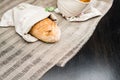 Pugliese Apulian bread with biga covered with white fabric, near