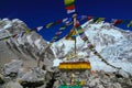 Puja site with colorful prayer flag pole at everest base camp