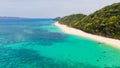 Puka Shell Beach. Wide tropical beach with white sand. Beautiful white beach and azure water on Boracay island, Philippines, top Royalty Free Stock Photo