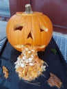 Puking pumpkin face with outcoming seeds