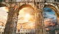 Pula amphitheatre arches with sunset sky background