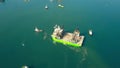 PULA, CROATIA - AUGUST 4, 2017. Aerial shot of unfinished jack-up rig vessel Apollo being towed in the harbour