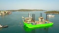 PULA, CROATIA - AUGUST 4, 2017. Aerial view of unfinished jack-up rig vessel Apollo being towed in the harbour