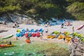 Pula, Croatia - May 31, 2019: summer sea beach with kayaks