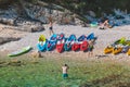 Pula, Croatia - May 31, 2019: summer sea beach with kayaks