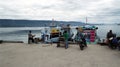 Fishermen next to two fishing boats on Lake Toba. Indonesia Royalty Free Stock Photo