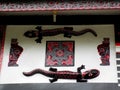 Typical decoration of a traditional wooden house in Lake Toba, Pulau Samosir. Indonesia